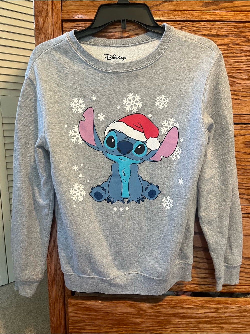 Disney Gray Crewneck Sweatshirt with Blue Lilo and Stitch with Red Santa Hat